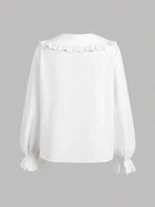 SHEIN 少女白色纯色超大翻领长袖衬衫，返校季 - 白色 - 查看 2