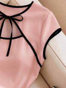 INAWLY Áo croptop tay ngắn kiểu Trung Quốc mới, phối màu tương phản, thắt dây, dành cho nữ, chất liệu jacquard, xuyên thấu, ôm sát, gợi cảm. - Hồng - Xem 3