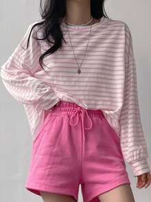DAZY Women Striped Drop Shoulder Tee Long Sleeve Women Tops,Fall Women Clothes - Pink - View 3