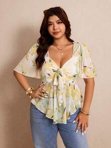 Elaquor Plus Size Elegant Floral Print Tie Front T-Shirt, Summer - Multicolor - View 3