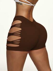 Slayform Slayform 1 pieza Shorts deportivos de mujer con espalda baja rasgada y cuello en V súper cortos - Café integral - Ver 5