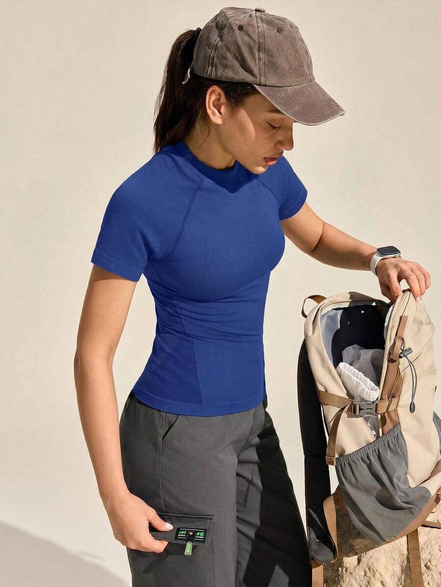 SHEIN In My Nature Tricou de damă cu mânecă raglan, în culori uni, model outdoor, ajustat - Albastru - Vizualizare 1