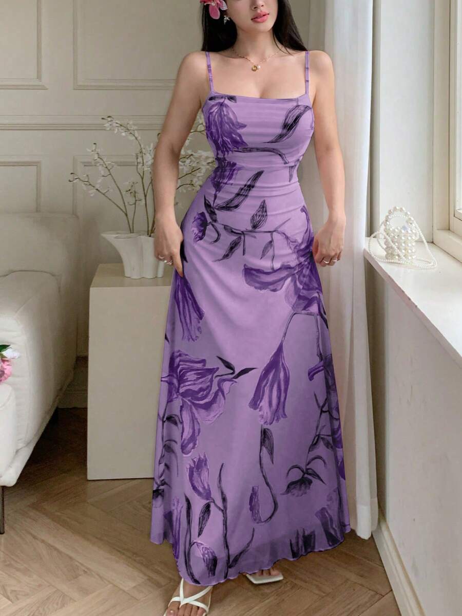 Modelyn 女士网纱印花吊带荷叶边腰身夏季休闲连衣裙 - Bold Plum - 查看 1