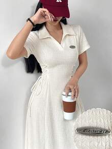 Modelyn 女士纯色贴花系带翻领短袖连衣裙长款女装晚礼服 - 杏色 - 查看 5