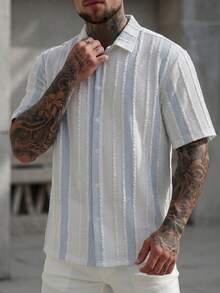 Manfinity CasualCool Men's Color Block Single-Breasted Casual Versatile Daily Wear Short Sleeve Shirt - Blue - View 4