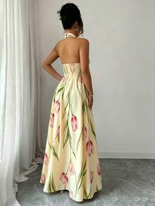 Rafferiza Gaun Tanpa Lengan Elegan dengan Leher V dan Desain Berongga di Pinggang, Warna Ungu, Koleksi Terbaru Musim Semi/Panas - Angsa kuning - View 3