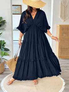 Vionelle Plus Size Solid Color Romantic Ruffle Trim Regular Dress, Spring/Summer Vacation Navy Blue - Navy Blue - View 5