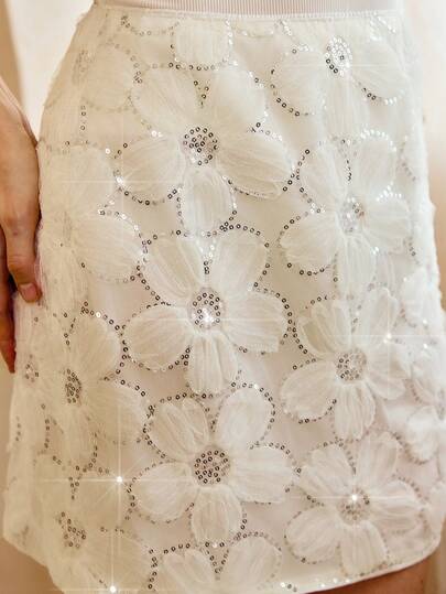 Vintamour Vintage Elegant Women Floral Beaded Embroidery Mesh Mini Skirt, Casual Holiday Party Bodycon Skirt