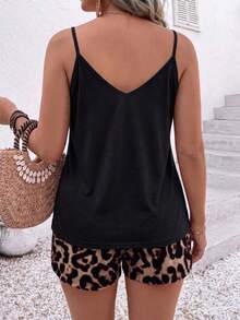 Plus Size Fashion Casual Basic Retro Black Camisole Top And Leopard Print Shorts 2-Piece Set - Multicolor - View 2