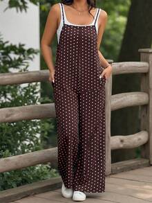 EMERY ROSE Plus Size Colorblock Polka Dot Print Jumpsuit With Real Pockets, Loose Straight Leg Casual Jumpsuit For Home & Outdoor Wear - Brown - View 8