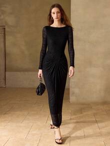 MOTF PREMIUM WOMEN'S ELASTIC JACQUARD STRUCTURED DESIGN FITTED ELEGANT DRESS, SPRING/SUMMER - Black - View 1