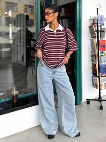 Muchica Áo thun nữ tay ngắn cổ polo kẻ sọc dáng casual, thích hợp mặc mùa hè. - Nhiều màu - Xem 6