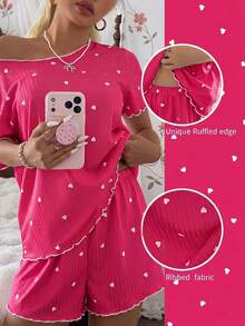 CottageSlumber Rose Red Heart Pattern Ribbed Knit Loose Fit Short Sleeve & Shorts Pajama Set For Women - Hot Pink - View 2