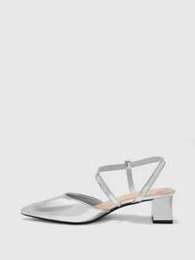 CUCCOO BIZCHIC Silver Mirror Square Toe Back Space T-Word With Thick Heel Low Heel Sandals, Commuter Workplace Model - Silver - View 3