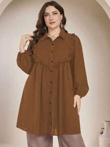 Graceveil Plus Size Casual Solid Color Long Sleeve Loose Regular Shirt, Spring/Autumn Fall - Brown - View 1