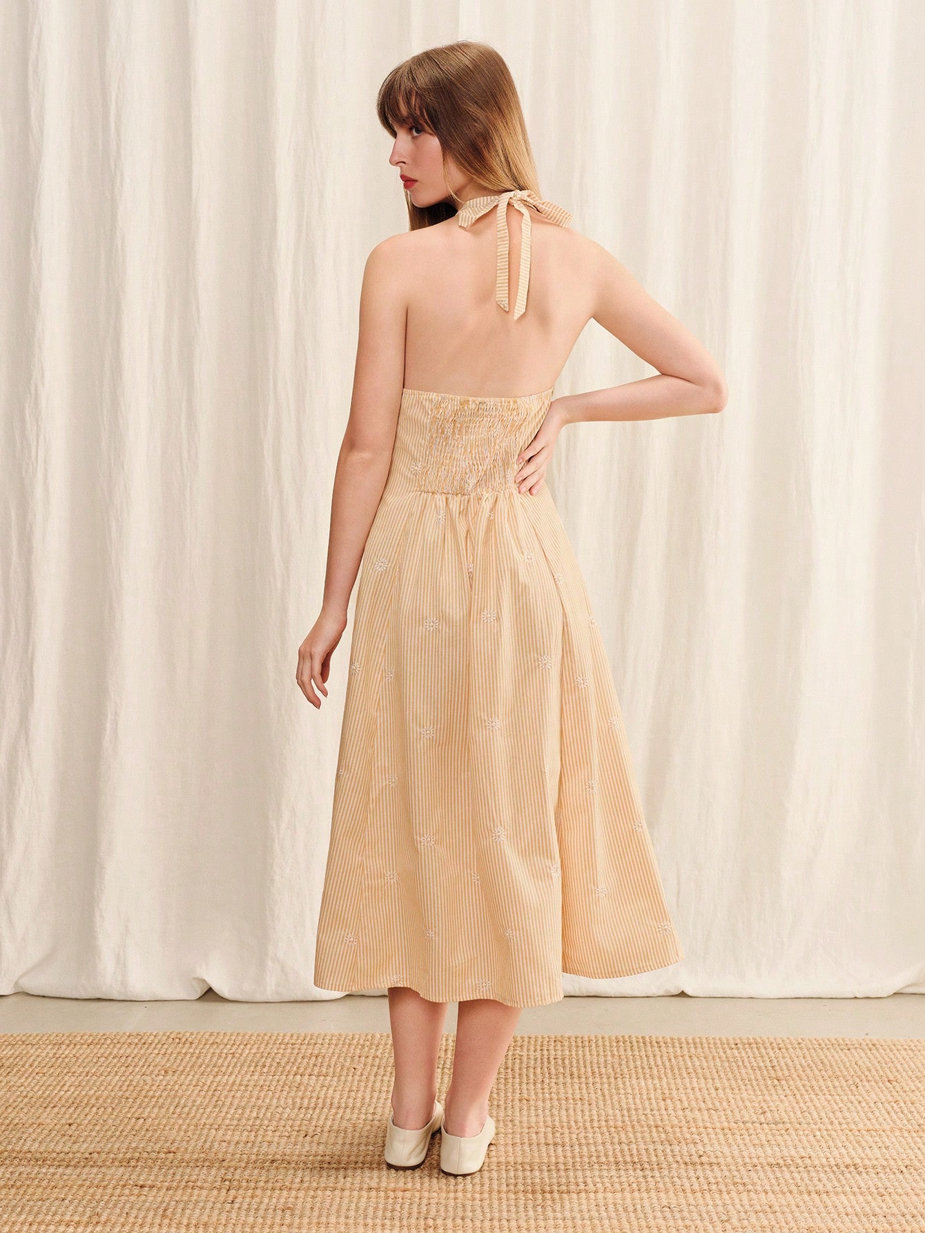 Yellow Stripe Halter Neck Midi Dress Fitted Spring Summer Casual Holiday Dress Cute Evening Dress Going Out Dress French Style Dress