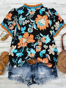 SHEIN CURVE+ Plus Size Woven Printed Casual Boho Resort Summer Women's Shirt Vacation Black - Black - View 2