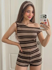 SHEIN 少女针织条纹背心短裤套装，休闲款 - 棕色 - 查看 3