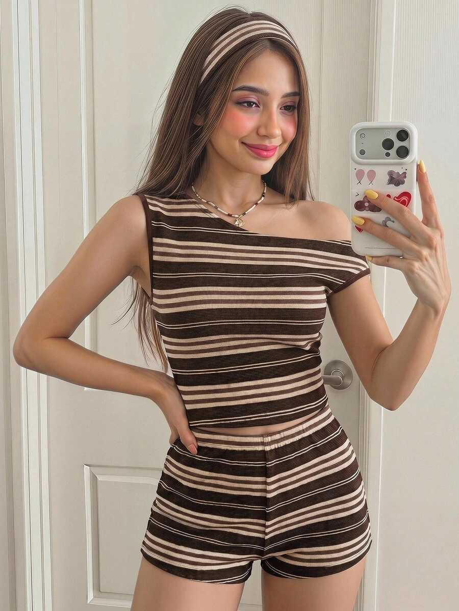 SHEIN 少女针织条纹背心短裤套装，休闲款 - 棕色 - 查看 1