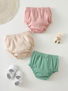 Cozy Pixies 3pcs Baby Girl Solid Color Comfortable Elastic Waist Triangle Shorts Set, Summer Shorts & Crawler Pants - Mint Green - View 2