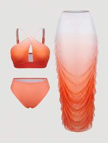 Slaydiva Plus Size Vacation Beach Gradient Bikini Swimsuit With Ruffle Cover-Up Skirt Set - Multicolor - View 6