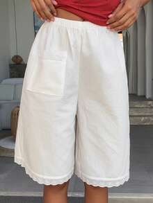 Livesso Women's Solid Color Lace Patchwork Elastic Waist Loose Shorts Pajama Bottoms - White - View 7