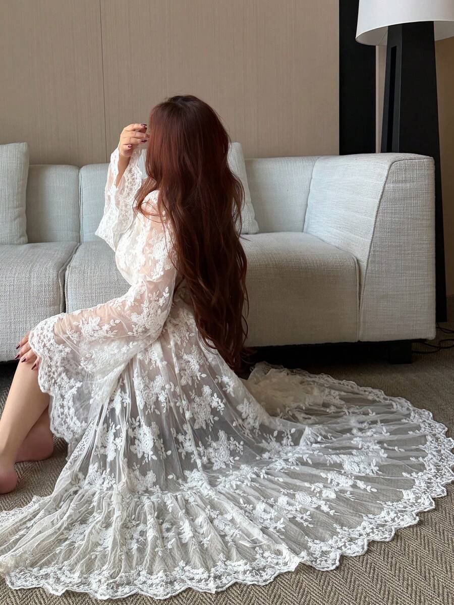 Dazy Plus Plus Size Women Sexy Sheer Lace Loose Long Nightgown, White Lace Robe For Spring & Summer - White - View 1