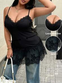 Easura 大码女式蕾丝拼接纯色休闲吊带背心 - 黑色 - 查看 3