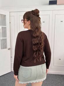 CovetEZ Cárdigan de botones de unicolor con cuello en V profundo, talla grande, marrón café, para otoño/invierno - Café integral - Ver 2