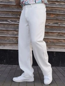 LEOGASHI LEOGASHI Men's Solid Color Simple Daily Casual Pockets White Denim Jeans, Men Pants - Beige - View 6