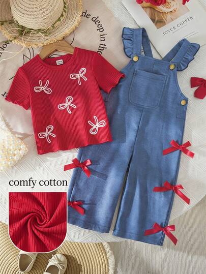 SHEIN Vintaside Kids 2pcs/Set Girls Casual Cute Solid Color Short Sleeve Top & Floral Embroidered Suspender Pants Set, Suitable For Spring/Summer Daily Wear