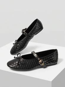 MOTF WOMEN'S BUCKLE RIVET INLAID BOW SIMPLE AND GENEROUS FLAT BOTTOM SUITABLE FOR DAILY COMMUTING LEISURE ROUND TOE SHOES - Black - View 9