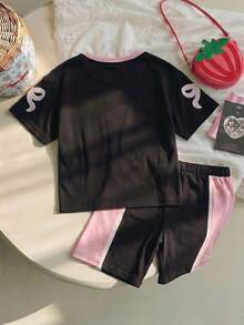 Strawberry Shortcake X SHEIN Set Atasan Lengan Pendek Leher Bulat Motif Huruf & Kartun dan Celana Pendek Warna Kontras untuk Anak Perempuan Remaja - Hitam - View 2