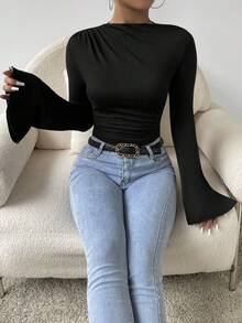 SHEIN 女士纯色休闲百搭褶皱宽松喇叭袖连体衣 - 黑色 - 查看 7