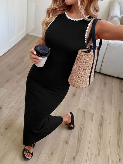 Easowa Round Neck Sleeveless Waist Fitted Midi Dress With Contrast Embroidered Hem And Side Slit, Made Of Comfortable Cotton Fabric, Casual Relaxed Elegant Office/Vacation Dress For Women, Spring/Summer
