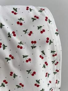 Elamini 樱桃波点印花系带蝴蝶结领荷叶边修身短袖上衣 - 彩色 - 查看 5