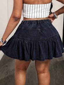 Slaydiva Plus Size Women High Waist Pockets Ruffle Hem Denim Mini Skirt - Blue - View 2
