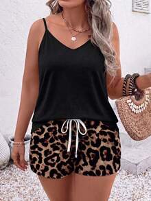 Plus Size Fashion Casual Basic Retro Black Camisole Top And Leopard Print Shorts 2-Piece Set - Multicolor - View 1