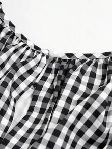 Brilight Women's Black And White Checkered Plaid Summer Casual Picnic Vintage Round Neck Loose Fit Blouse,Large Size Shirt,Beachwear Music Festival Vacation - Black - View 6
