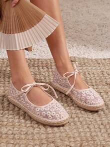 SHUZIA Women's Elegant Mesh Mary Jane Espadrilles Flats - Beige - View 2