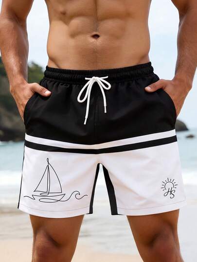 VIVINTIMO Classic Black And White Contrast Patchwork Design Men's Casual Beach Shorts, Minimalist Sailboat Line Print, Stylish And Outstanding, Lightweight And Breathable For Enjoyable Beach Holiday. Suitable For Beach Vacation, Hawaii Holiday, Great Gift For Boyfriend