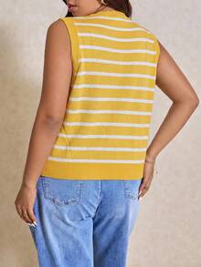 Elaquor Plus Size Women Striped Single-Breasted Casual Knitted Vest In Fall/Winter - Light Yellow - View 6