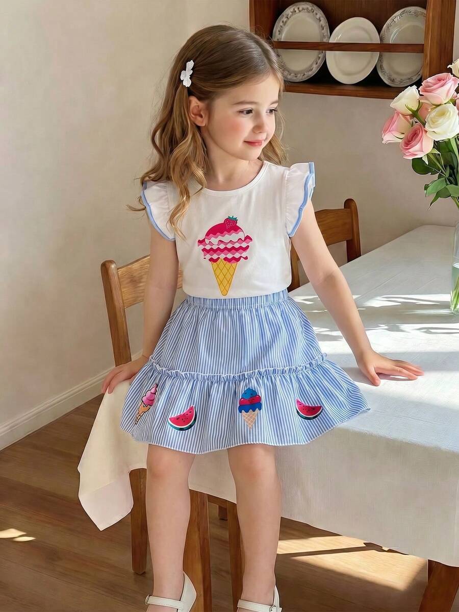 2pcs/Set Young Girl' Ruffle Sleeve Top With Interesting Ice Cream Print White Skirt Summer