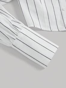 SHEIN MOD Striped Tie Neck Crop Shirt - White - View 5