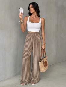 SHEIN Tall Quần dài nữ màu nâu kẻ sọc trắng, quần ống rộng cạp cao kẻ sọc dọc ôm dáng, quần ống đứng thoải mái dáng suông, quần ống rộng mùa hè, quần kẻ sọc, quần đi nghỉ mát cho nữ, quần phong cách boho cho nữ, trang phục đi nghỉ hè, trang phục đi nghỉ cho nữ, trang phục mùa hè cho nữ, từ xuân đến hè. - Màu be - Xem 6