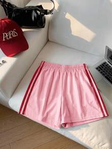 Comfortcana 2026 New Summer Pink & Red Striped Side Elastic Waist Casual Shorts - Pink - View 8