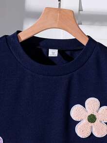 SHEIN 青少年及年轻女孩休闲夏季连衣裙，碎花装饰圆领短袖条纹拼接宽松摆裙，适合日常、度假、派对等场合。 - 藍色 - 查看 5