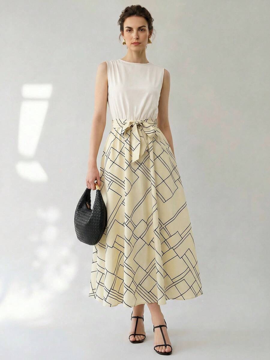 SHEIN Uhlyne 女款時尚高端通勤社交職場日常街頭風美學領結幾何印花休閒舒適優雅復古中長拼接印花背心長洋裝 - 杏色 - 查看 1