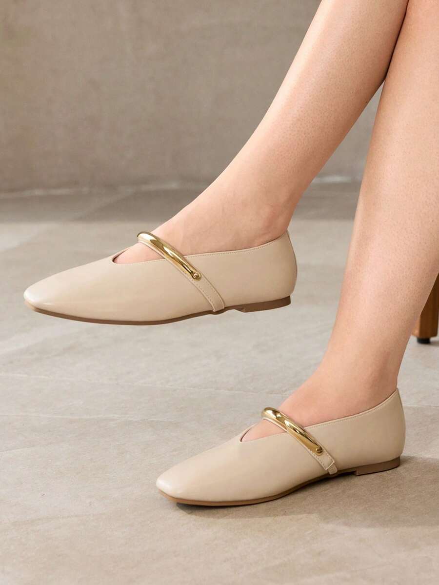 MOTF WOMEN'S APRICOT METAL RING DECOR SLIP-ON LOAFERS, MINIMALIST ELEGANT FOR DAILY COMMUTE - Apricot - View 2