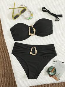 Swim Basics Bộ đồ bơi bikini dây mảnh màu đen đơn giản thoải mái cho kỳ nghỉ bãi biển dành cho nữ có thể tháo rời, quần cạp cao có phụ kiện kim loại - màu đen - Xem 6